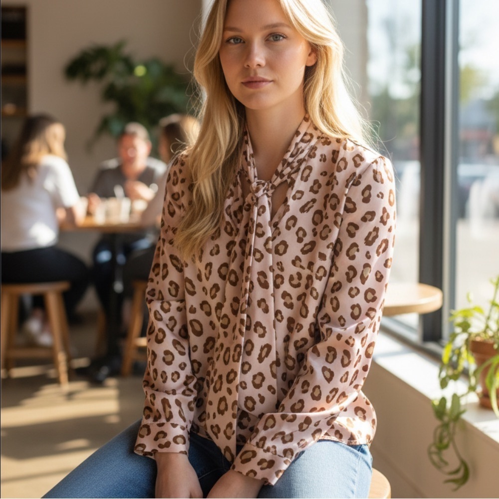 Ann Taylor leopard print satin tie neck blouse xsp